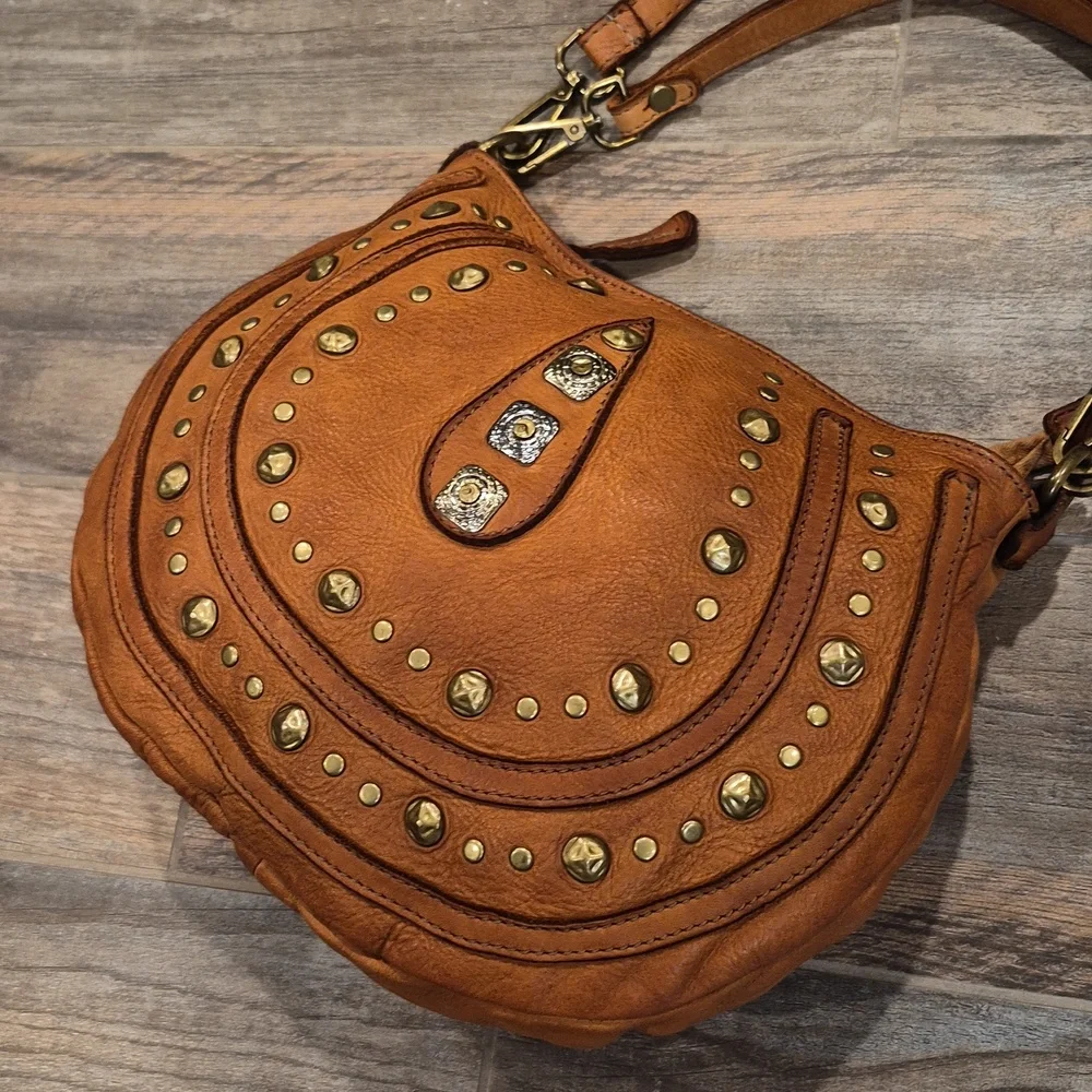 Bohemian Studded Detail Leather Horseshoe Shoulder Crossbody Bag - Picture 6 of 16